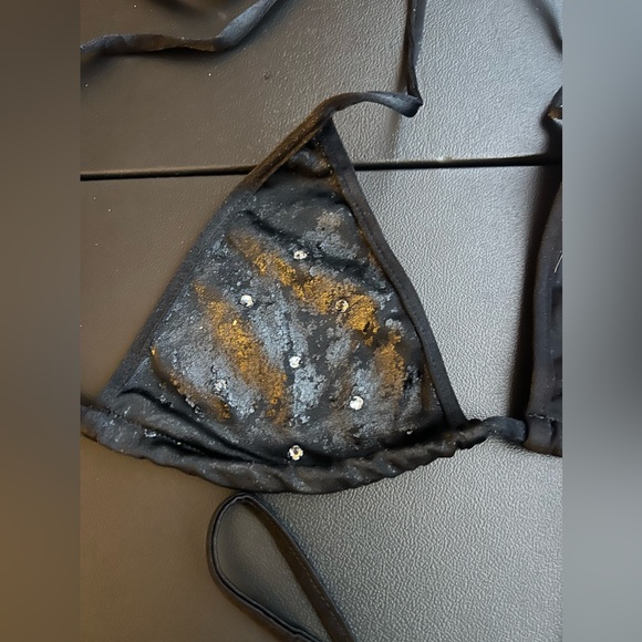 New with Many Defects Black Peeling Lame Bling Tri-Top Thong Bling Bottom Bikini - Picture 4 of 7